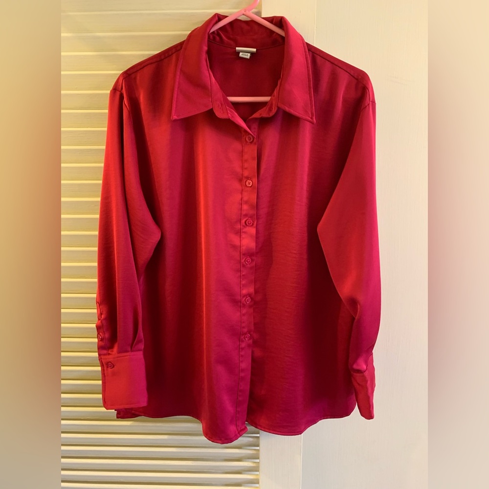 A New Day EUC Satin Shirt Blouse Tunic Fuchsia Pink Size L